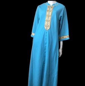 60's  Evelyn Pearson Lounge House Dress with Gold Trim